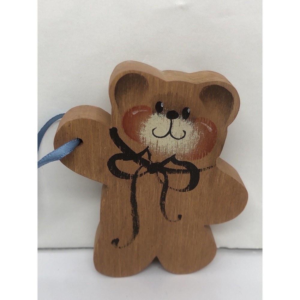 Wooden Hand Painted Hand Carved Teddy Bear Ornament 3.5" Artisan‎ Signed 1988